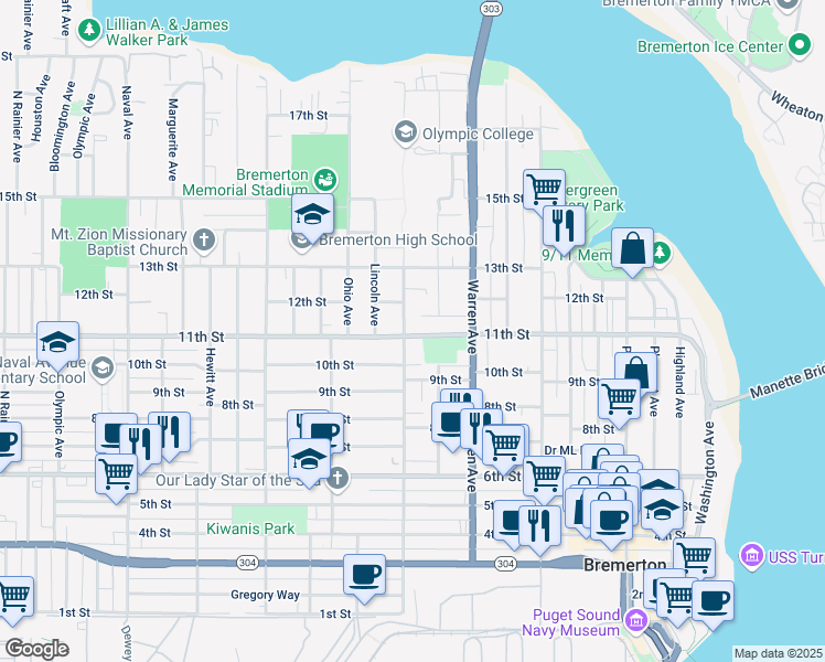 map of restaurants, bars, coffee shops, grocery stores, and more near 1116a 11th Street in Bremerton
