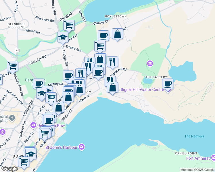 map of restaurants, bars, coffee shops, grocery stores, and more near 22 Battery Road in St. John's