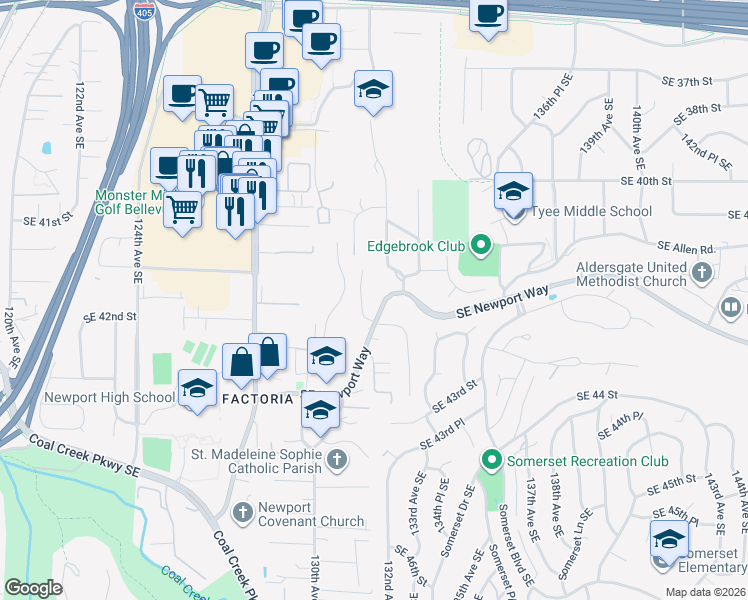 map of restaurants, bars, coffee shops, grocery stores, and more near 13232 Southeast Newport Way in Bellevue