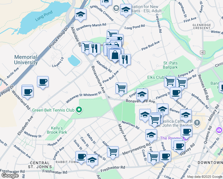 map of restaurants, bars, coffee shops, grocery stores, and more near 7 Whiteway Place in St. John's