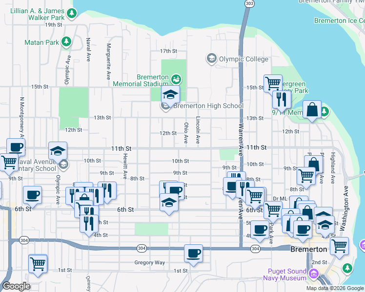 map of restaurants, bars, coffee shops, grocery stores, and more near 1103 Ohio Avenue in Bremerton