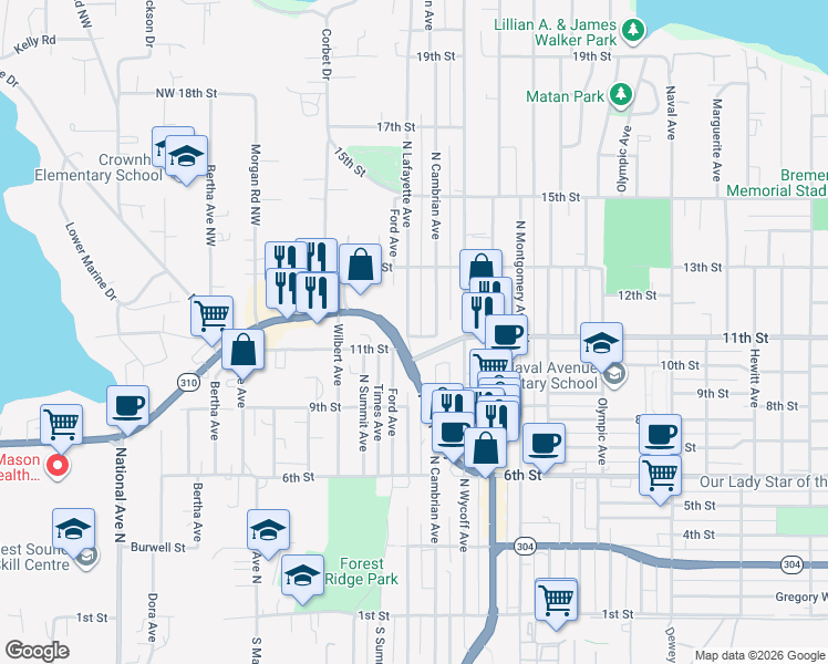 map of restaurants, bars, coffee shops, grocery stores, and more near 1102 North Lafayette Avenue in Bremerton
