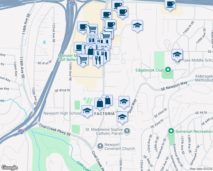 map of restaurants, bars, coffee shops, grocery stores, and more near 12818 Southeast 41st Lane in Bellevue