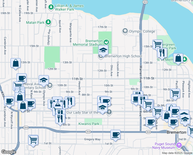 map of restaurants, bars, coffee shops, grocery stores, and more near 1616 11th Street in Bremerton