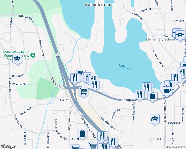 map of restaurants, bars, coffee shops, grocery stores, and more near 1106 Shorewood Drive in Bremerton