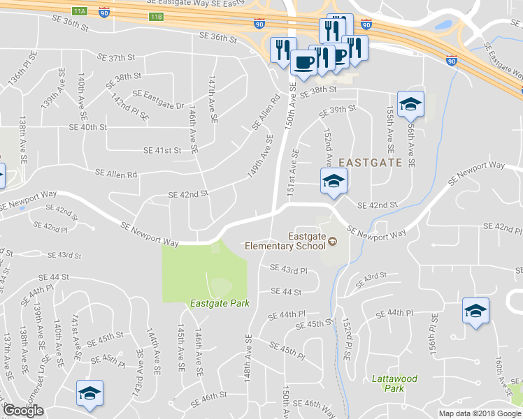 map of restaurants, bars, coffee shops, grocery stores, and more near 4144 149th Place Southeast in Bellevue