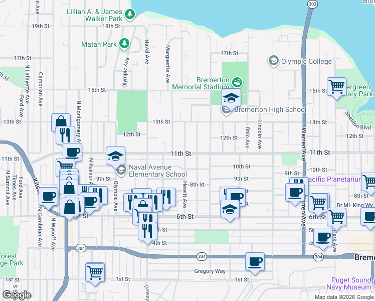 map of restaurants, bars, coffee shops, grocery stores, and more near 1102 Hewitt Avenue in Bremerton