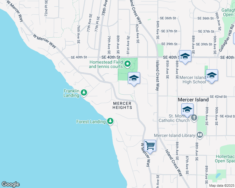 map of restaurants, bars, coffee shops, grocery stores, and more near 4204 West Mercer Way in Mercer Island