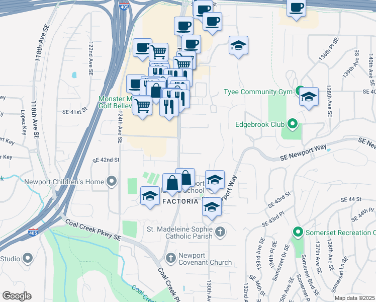 map of restaurants, bars, coffee shops, grocery stores, and more near 12834 Southeast 41st Lane in Bellevue