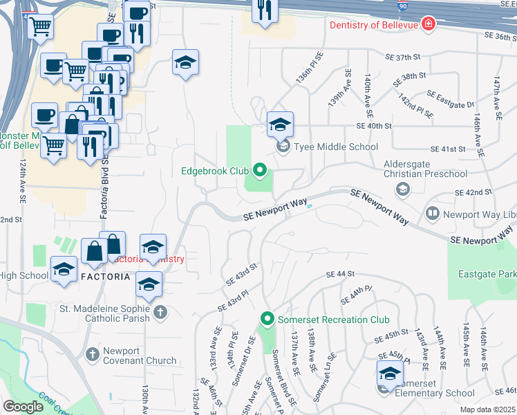 map of restaurants, bars, coffee shops, grocery stores, and more near 4263 135th Place Southeast in Bellevue