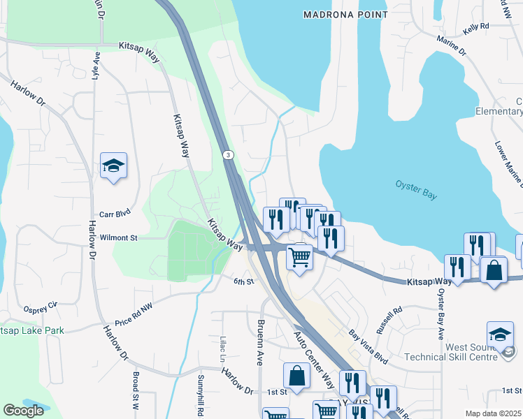 map of restaurants, bars, coffee shops, grocery stores, and more near 1109 Brentwood Drive in Bremerton