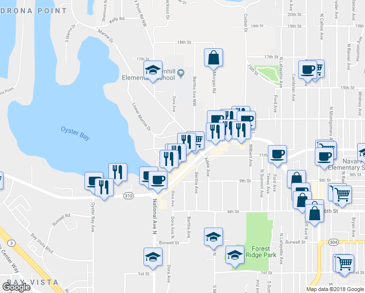 map of restaurants, bars, coffee shops, grocery stores, and more near 3724 Sundown Drive in Bremerton