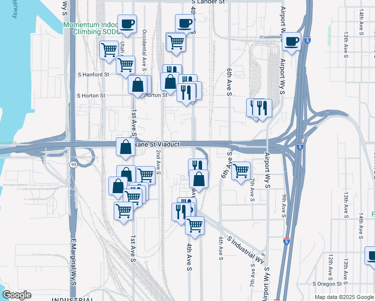 map of restaurants, bars, coffee shops, grocery stores, and more near 3613 4th Avenue South in Seattle