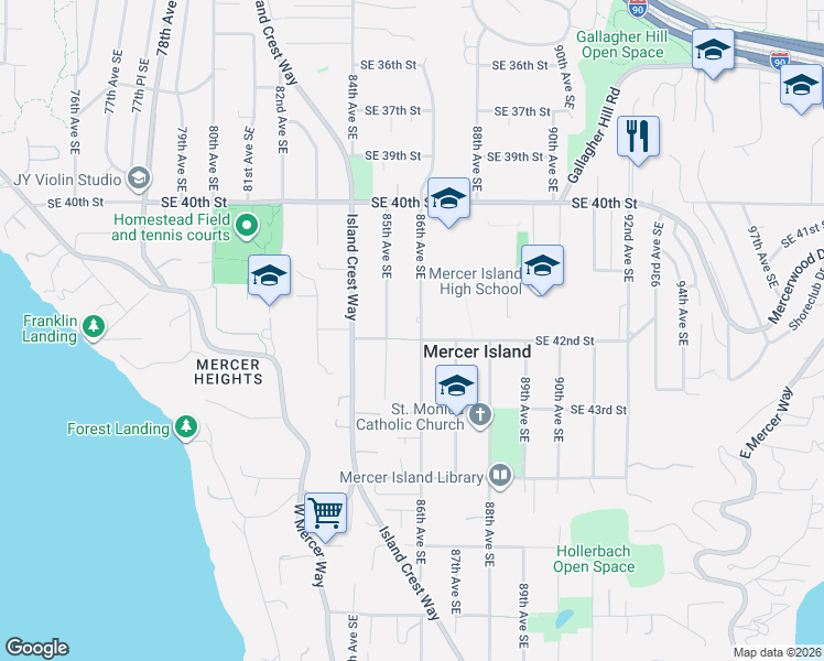 map of restaurants, bars, coffee shops, grocery stores, and more near 4161 86th Avenue Southeast in Mercer Island