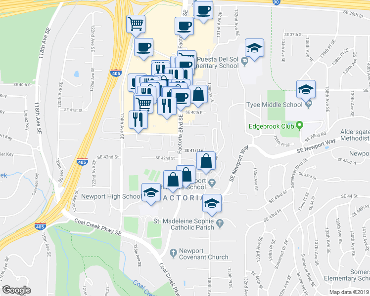 map of restaurants, bars, coffee shops, grocery stores, and more near 12818 Southeast 41st Lane in Bellevue