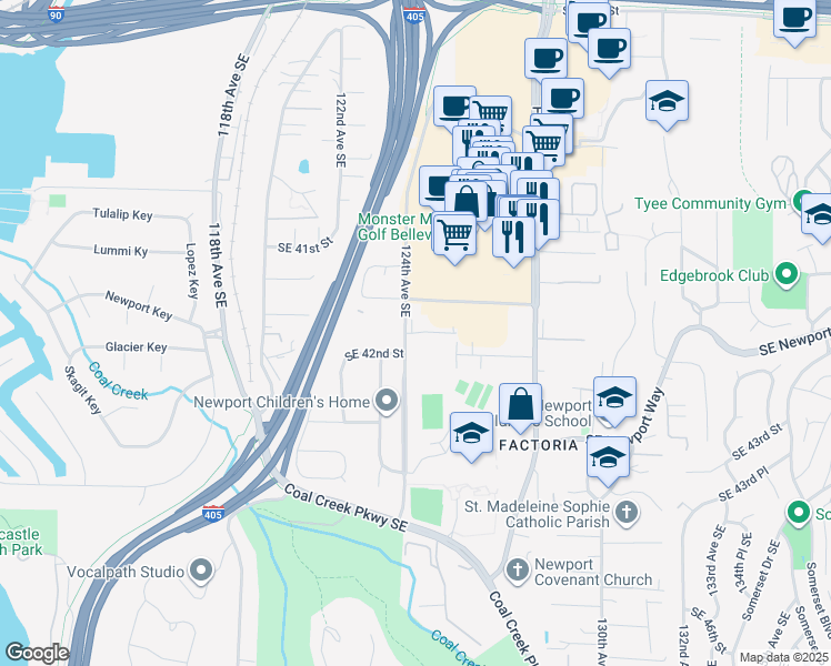 map of restaurants, bars, coffee shops, grocery stores, and more near 4164 124th Avenue Southeast in Bellevue