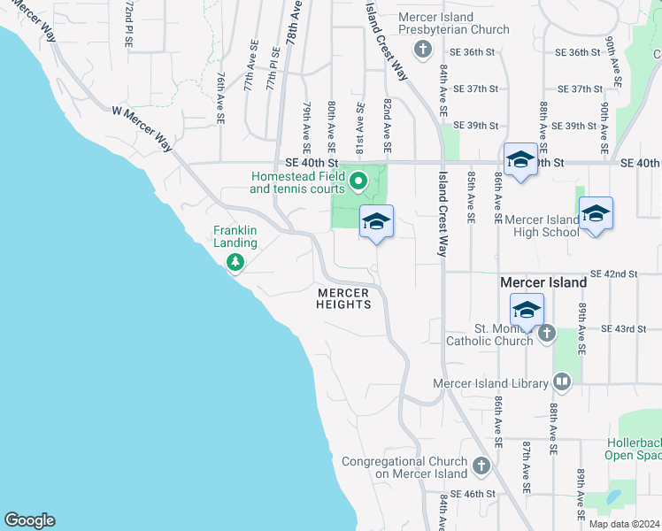 map of restaurants, bars, coffee shops, grocery stores, and more near 4204 West Mercer Way in Mercer Island