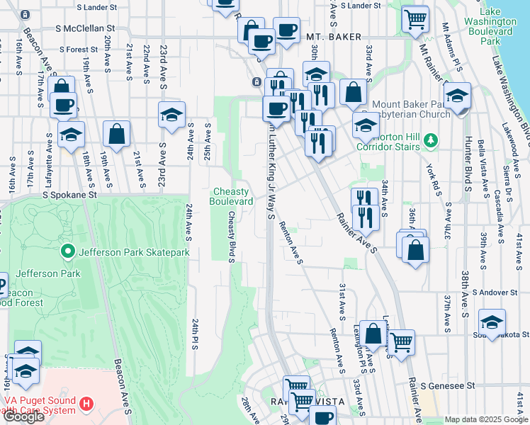 map of restaurants, bars, coffee shops, grocery stores, and more near 3613 Renton Avenue South in Seattle