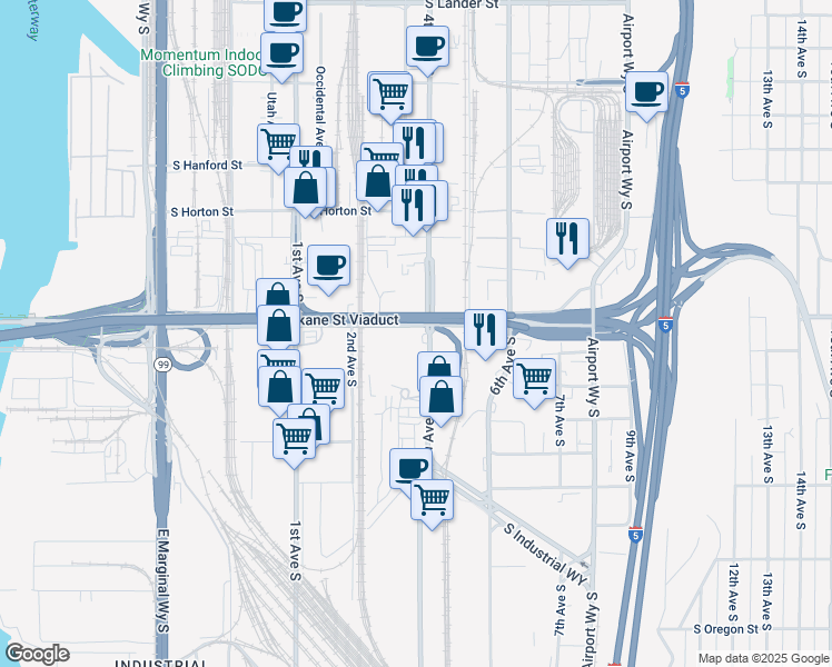map of restaurants, bars, coffee shops, grocery stores, and more near 3613 4th Avenue South in Seattle