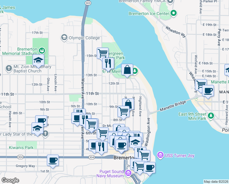 map of restaurants, bars, coffee shops, grocery stores, and more near 603 11th Street in Bremerton