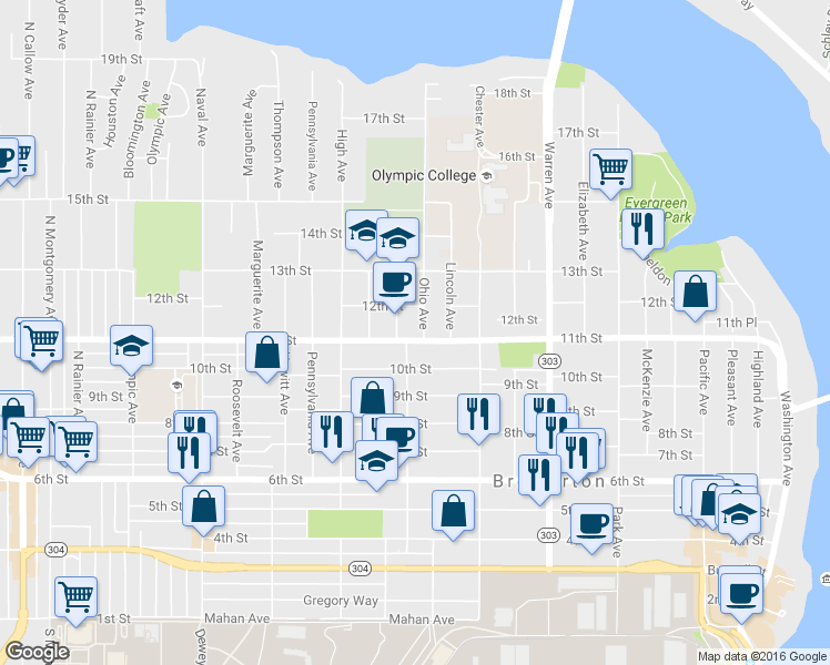 map of restaurants, bars, coffee shops, grocery stores, and more near in Bremerton