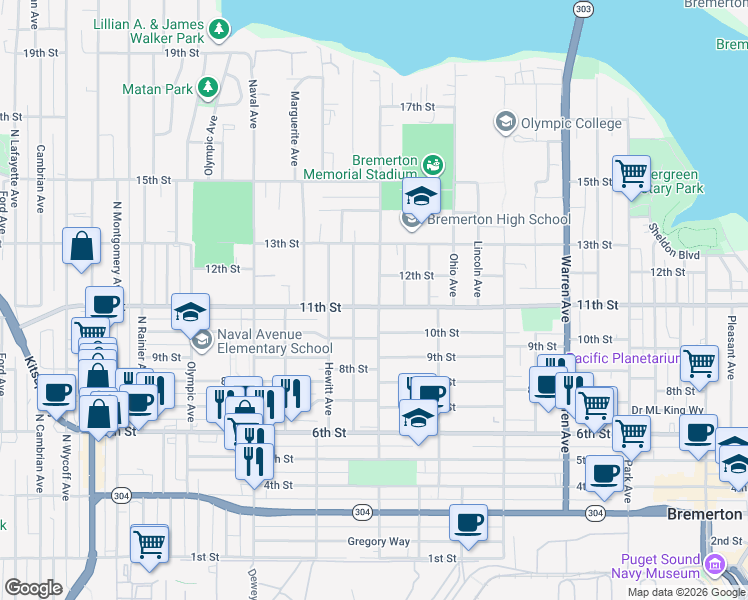 map of restaurants, bars, coffee shops, grocery stores, and more near in Bremerton