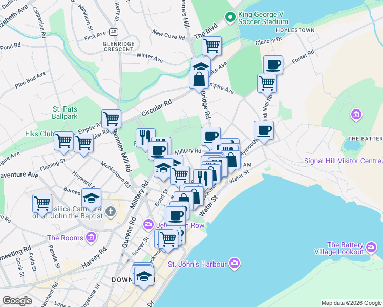 map of restaurants, bars, coffee shops, grocery stores, and more near 29 Military Road in St. John's
