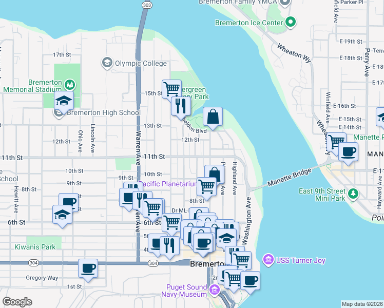 map of restaurants, bars, coffee shops, grocery stores, and more near 603 11th Street in Bremerton