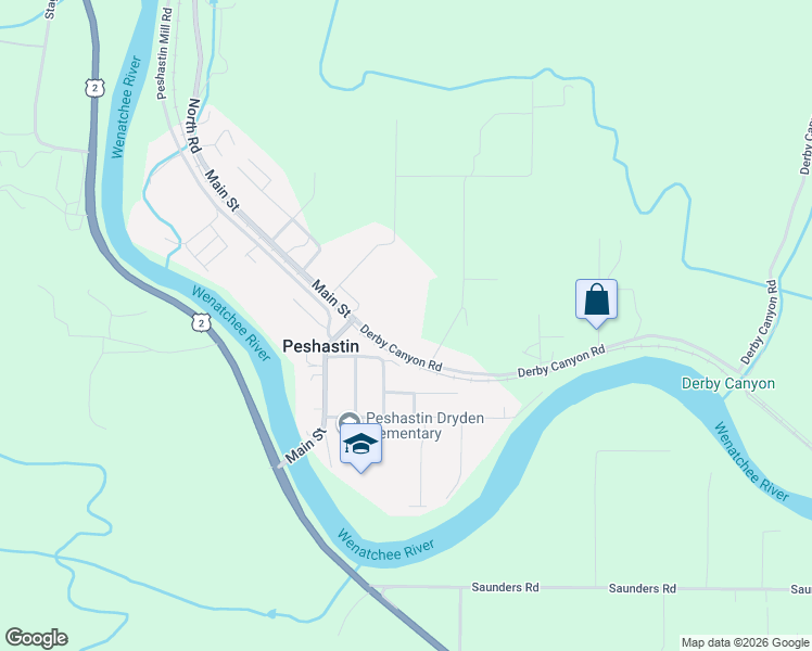 map of restaurants, bars, coffee shops, grocery stores, and more near 8470 Larson Road in Peshastin