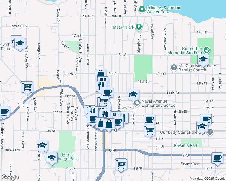 map of restaurants, bars, coffee shops, grocery stores, and more near 2516 11th Street in Bremerton