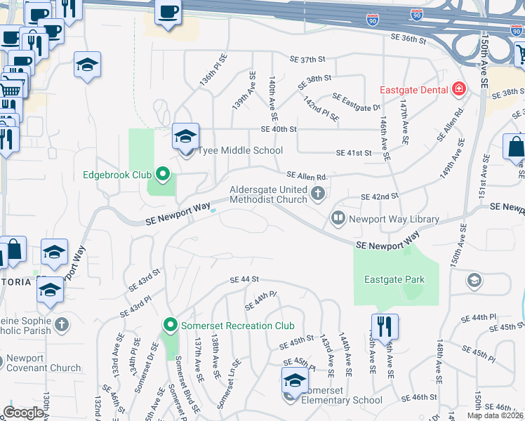 map of restaurants, bars, coffee shops, grocery stores, and more near 14000 Southeast 42nd Street in Bellevue