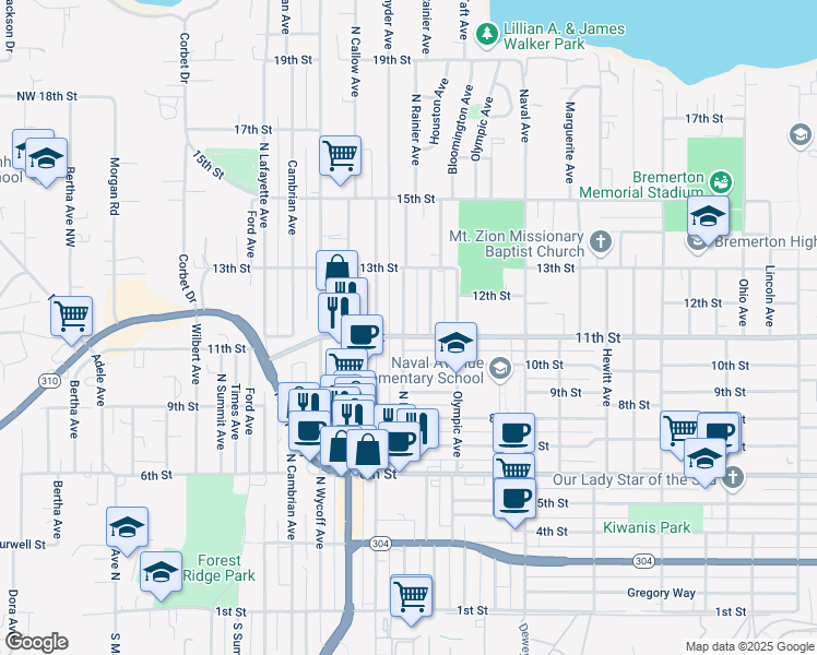 map of restaurants, bars, coffee shops, grocery stores, and more near 2325 11th Street in Bremerton