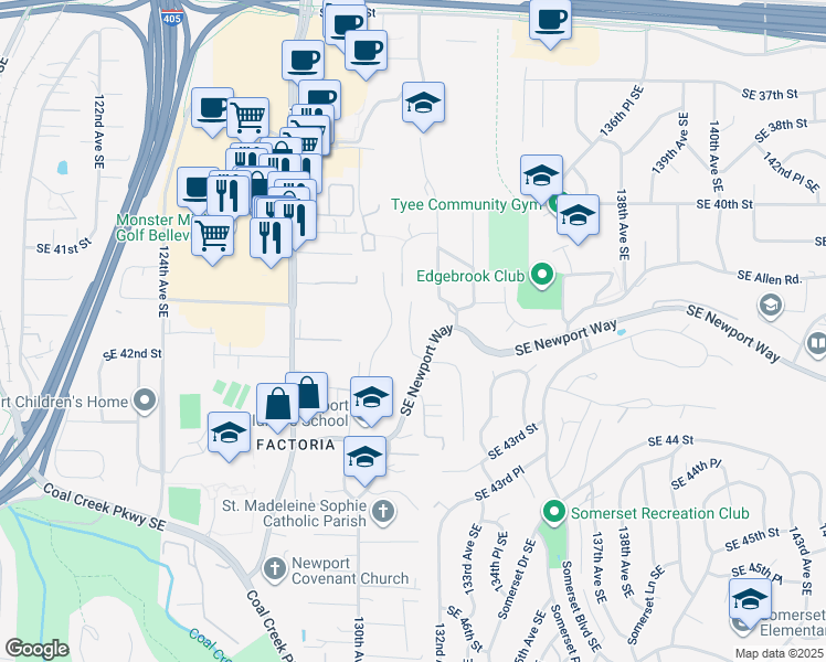 map of restaurants, bars, coffee shops, grocery stores, and more near 13180 Southeast Newport Way in Bellevue