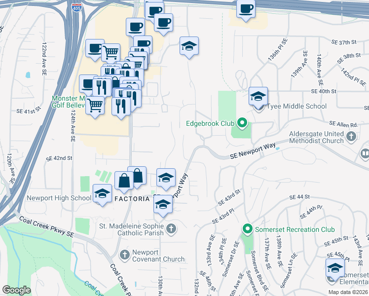 map of restaurants, bars, coffee shops, grocery stores, and more near 13180 Southeast Newport Way in Bellevue