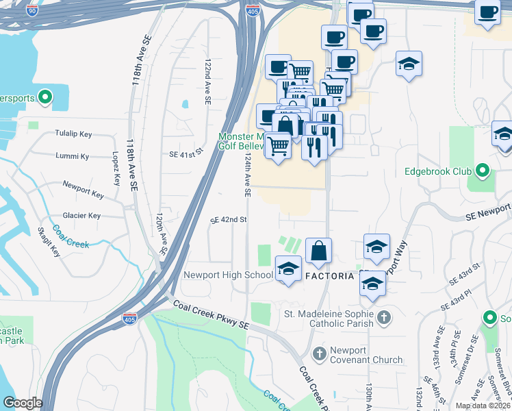 map of restaurants, bars, coffee shops, grocery stores, and more near 4160 124th Avenue Southeast in Bellevue