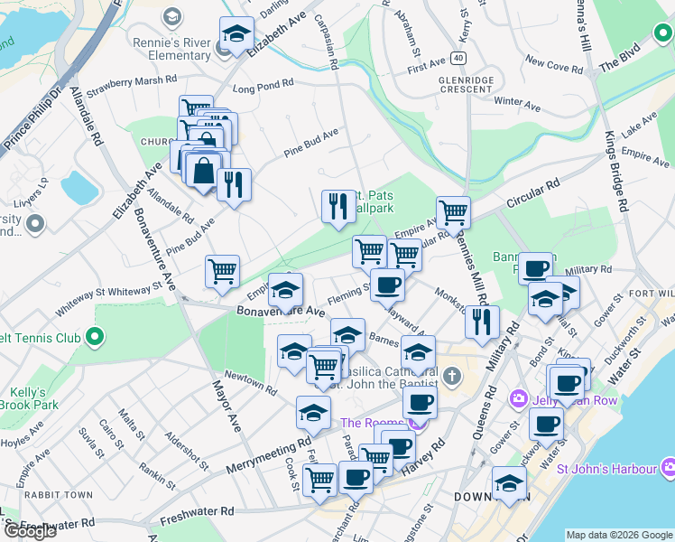 map of restaurants, bars, coffee shops, grocery stores, and more near 127 Circular Road in St. John's