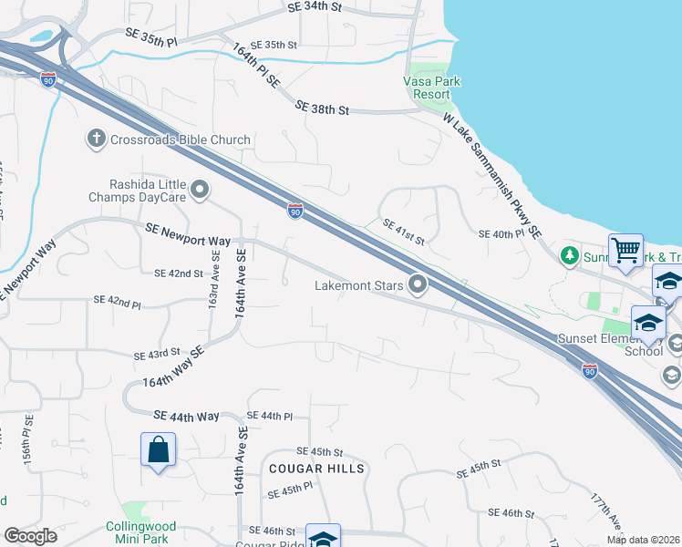 map of restaurants, bars, coffee shops, grocery stores, and more near 16714 Southeast Newport Way in Bellevue