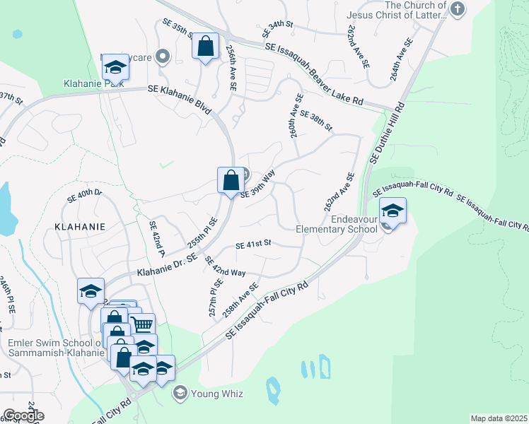 map of restaurants, bars, coffee shops, grocery stores, and more near 25760 Southeast 40th Street in Issaquah