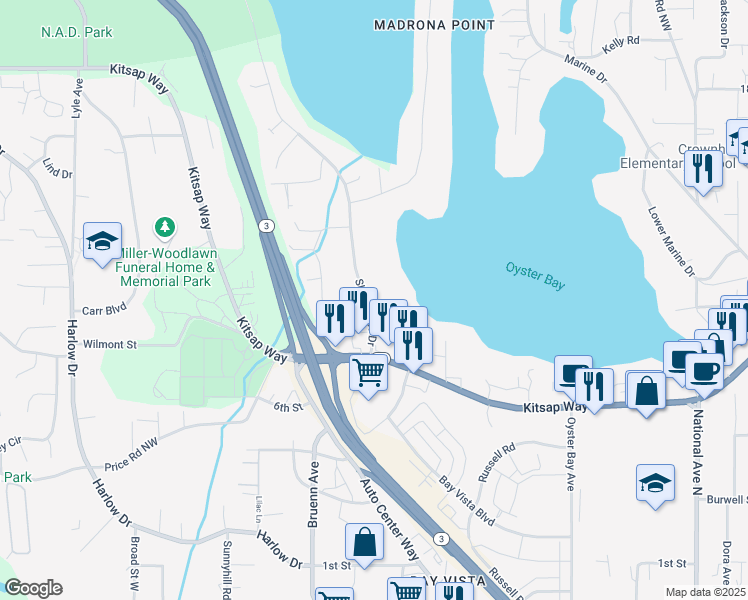 map of restaurants, bars, coffee shops, grocery stores, and more near 1110 Shorewood Drive in Bremerton