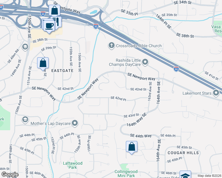 map of restaurants, bars, coffee shops, grocery stores, and more near 15931 Southeast 41st Place in Bellevue
