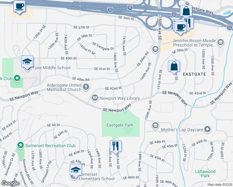 map of restaurants, bars, coffee shops, grocery stores, and more near 4222 145th Avenue Southeast in Bellevue