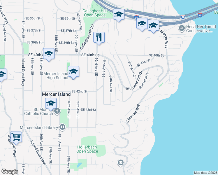 map of restaurants, bars, coffee shops, grocery stores, and more near 4204 94th Avenue Southeast in Mercer Island
