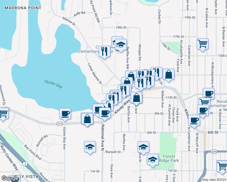 map of restaurants, bars, coffee shops, grocery stores, and more near 3724 Sundown Drive in Bremerton