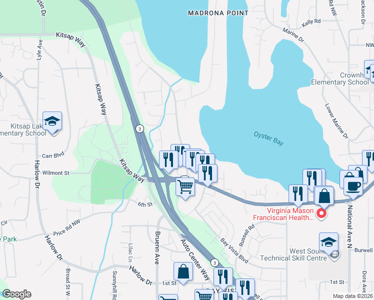 map of restaurants, bars, coffee shops, grocery stores, and more near 1100 Shorewood Drive in Bremerton