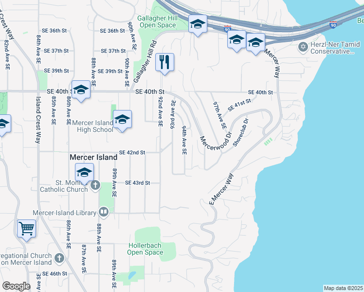 map of restaurants, bars, coffee shops, grocery stores, and more near 4204 94th Avenue Southeast in Mercer Island