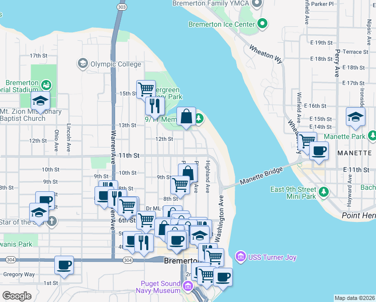 map of restaurants, bars, coffee shops, grocery stores, and more near 415 11th Place in Bremerton