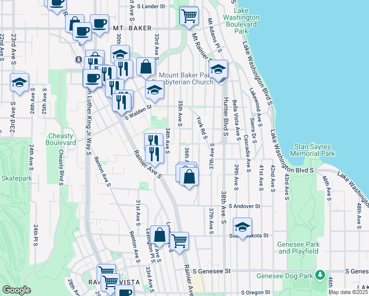 map of restaurants, bars, coffee shops, grocery stores, and more near 3618 35th Avenue South in Seattle