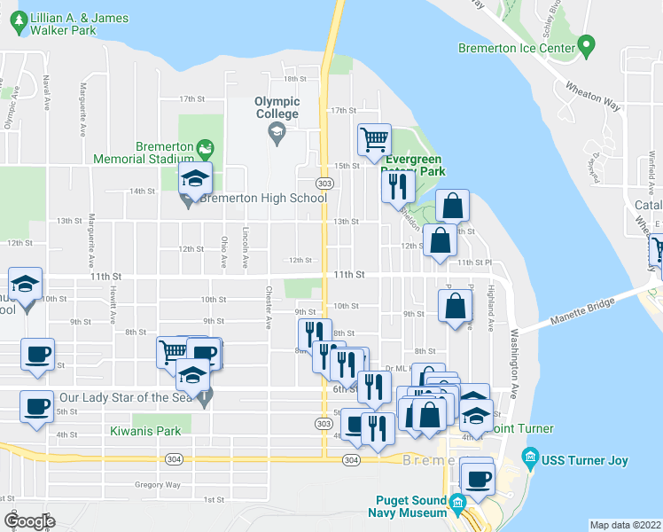 map of restaurants, bars, coffee shops, grocery stores, and more near 1108 Warren Avenue in Bremerton