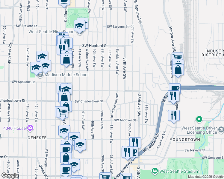 map of restaurants, bars, coffee shops, grocery stores, and more near 3703 38th Avenue Southwest in Seattle