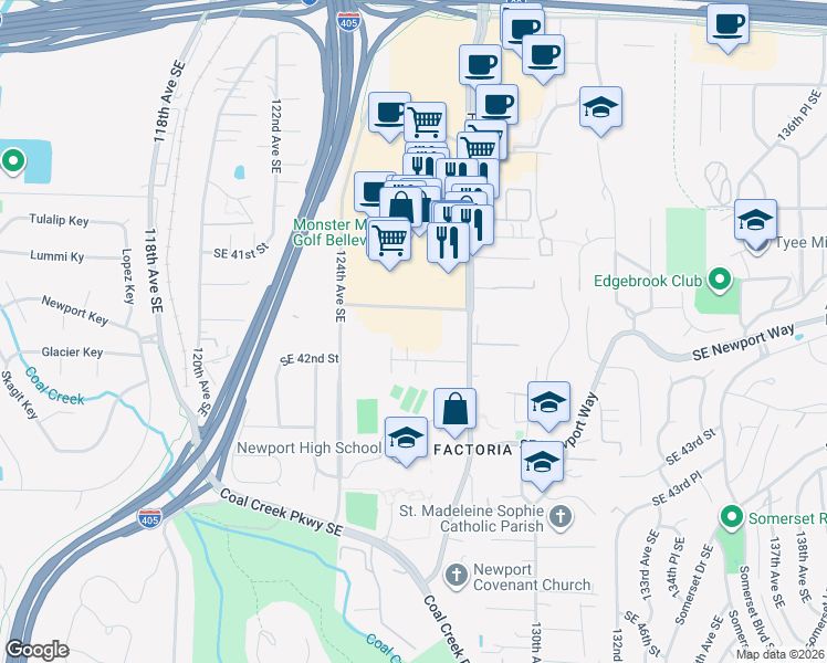 map of restaurants, bars, coffee shops, grocery stores, and more near 12606 Southeast 42nd Street in Bellevue